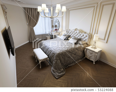 King-size bed in bright bedroom with big window. King-size bed in bright bedroom with big window. 53224088