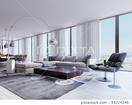 Modern living room with huge windows and designer 53224146