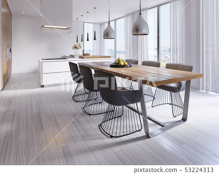 Contemporary dining room with large table and loft Contemporary dining room with large table and loft 53224313