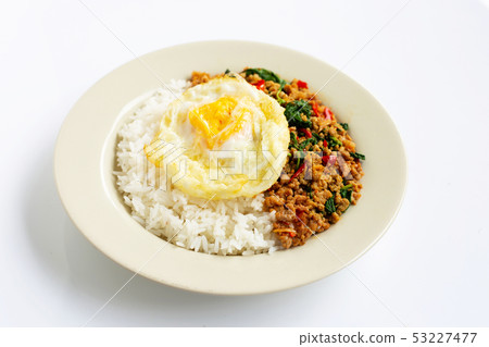 Rice topped with stir-fried pork with holy basil 53227477