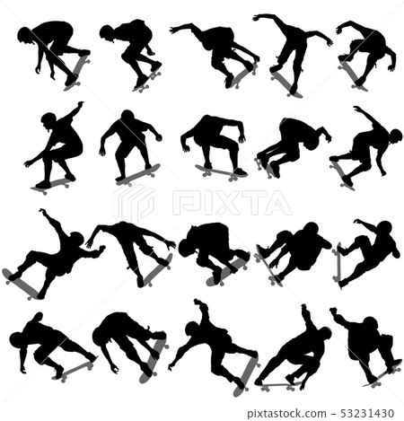 Set ilhouettes a skateboarder performs jumping Set ilhouettes a skateboarder performs jumping 53231430