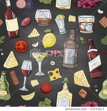 Seamless pattern with alcohol and drinks on black 53231611