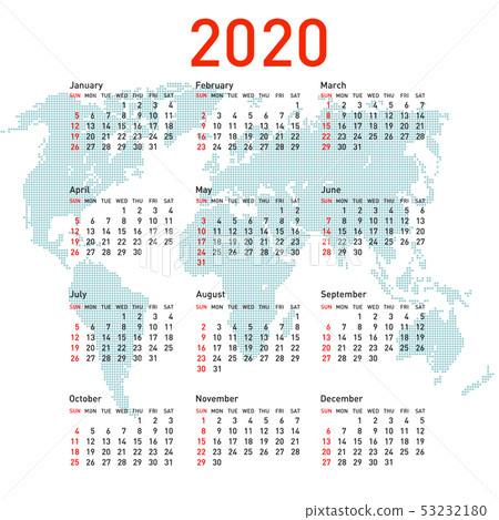 Calendar 2020 with world map. Week starts on Calendar 2020 with world map. Week starts on 53232180