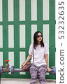 Beautiful smile Asia sunglass girl lady tour wait  53232635