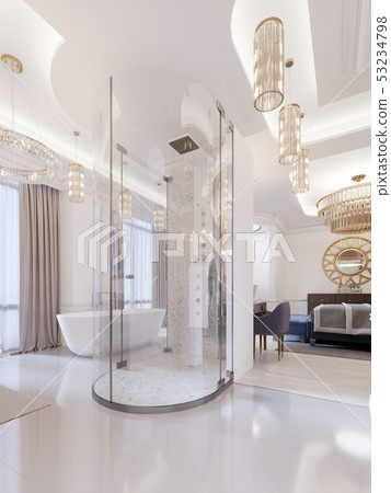 Guest room with open bathroom, shower and vanity 53234798