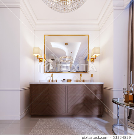 Modern wooden vanity with a mirror in a gold frame Modern wooden vanity with a mirror in a gold frame 53234839