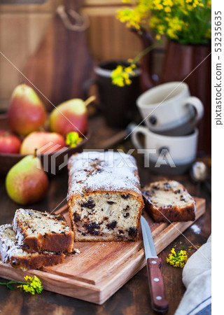 Delicious homemade chocolate and pears loaf cake Delicious homemade chocolate and pears loaf cake 53235635