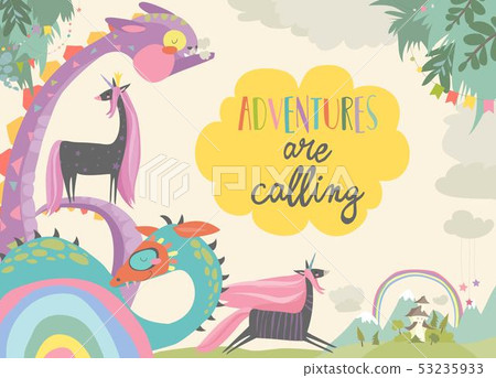Cute magic frame composed of unicorns and dragons 53235933
