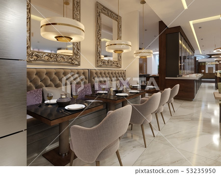 Restaurant in a modern style with marble floor. Restaurant in a modern style with marble floor. 53235950