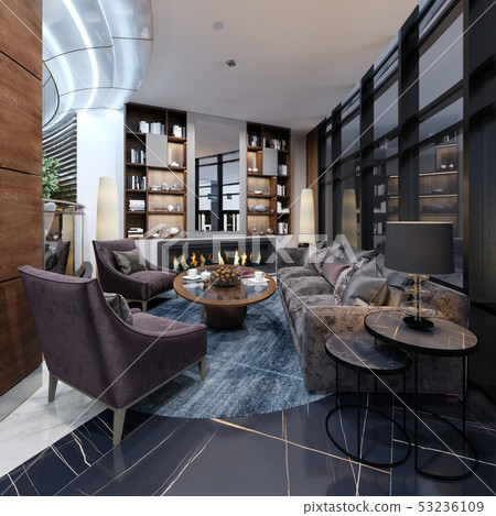 Hotel lobby rest area with fireplace and 53236109