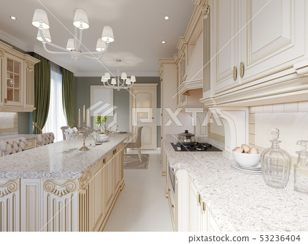 Kitchen interior and dining table in classical Kitchen interior and dining table in classical 53236404