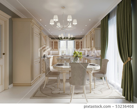 Bright beige luxury dining room with elegant Bright beige luxury dining room with elegant 53236408
