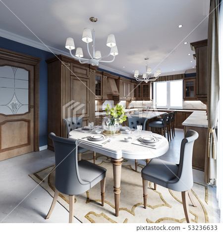 Luxury classic interior of dining room, kitchen Luxury classic interior of dining room, kitchen 53236633