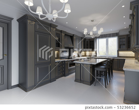 Modern dark wooden kitchen in classical style. Modern dark wooden kitchen in classical style. 53236652