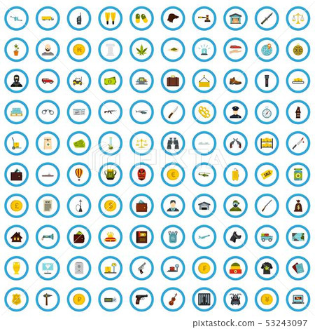 100 contraband icons set, flat style 53243097