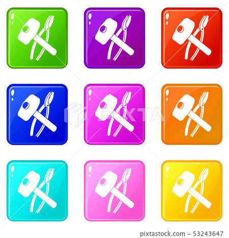 Hammer clamping mites icons set 9 color collection Hammer clamping mites icons set 9 color collection 53243647