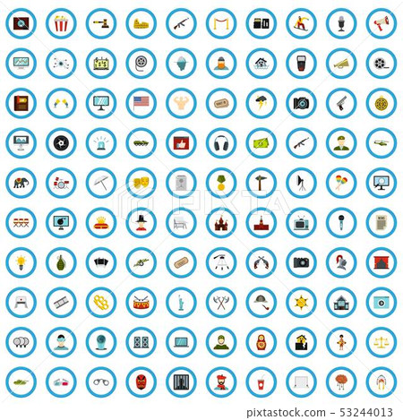 100 cinema product icons set, flat style 100 cinema product icons set, flat style 53244013