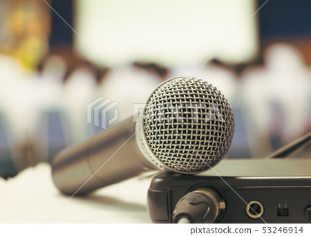 Close up old microphone wireless with box signal Close up old microphone wireless with box signal 53246914