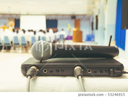 Close up old microphone wireless with box signal 53246915