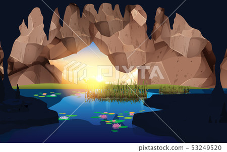 landscape of cave at the river in the morning landscape of cave at the river in the morning 53249520