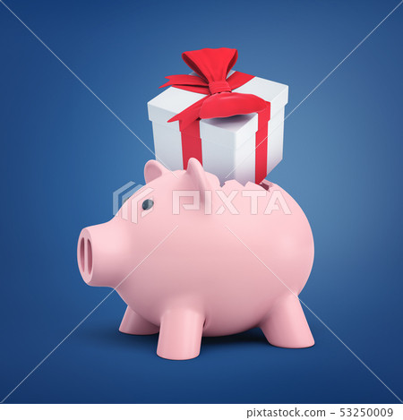 3d rendering of a piggy bank with a present box on top on a blue background. 53250009