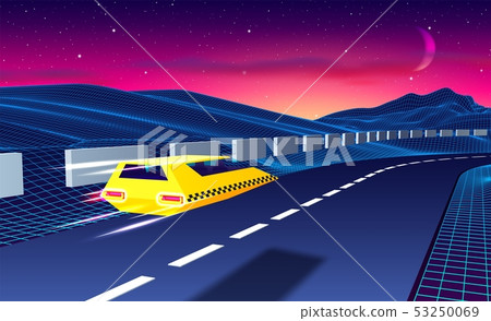 Arcade space taxi flying over the road in blue corridor or canyon landscape with 3D mountains, 80s 53250069