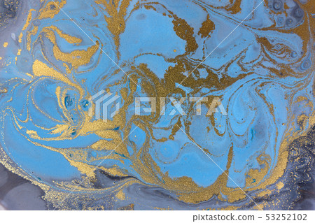 Blue marbling pattern. Golden marble liquid texture. Blue marbling pattern. Golden marble liquid texture. 53252102