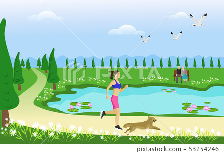woman and her dog are jogging on way in garden woman and her dog are jogging on way in garden 53254246