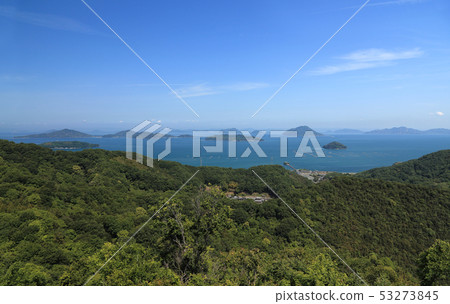 Shioya Islands and Tsushima Shrine in the Seto Inland Sea seen from Mino Town, Mitoyo City Shioya Islands and Tsushima Shrine in the Seto Inland Sea seen from Mino Town, Mitoyo City 53273845