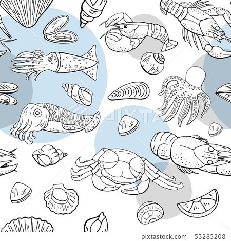 Seamless pattern with seafood and fish on the 53285208