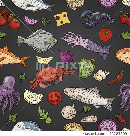 Hand drawn vector seamless pattern with seafood Hand drawn vector seamless pattern with seafood 53285209
