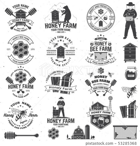 Set of Honey bee farm badge. Vector. Concept for print, stamp or tee. Vintage typography design with 53285368