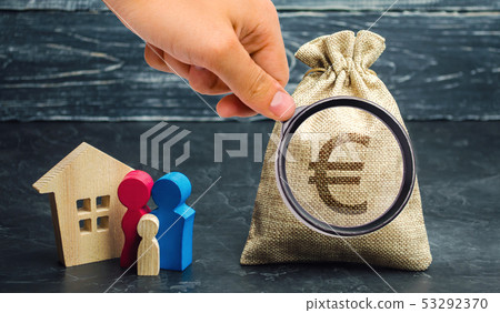 A money bag with a Euro sign and a family A money bag with a Euro sign and a family 53292370