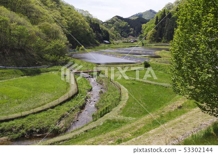 Rural landscape Spring Satoyama Paddy River Countryside 53302144