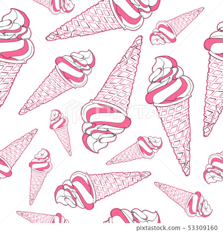 Vector seamless pattern. Endless texture in pink and white colors with ice creams in waffle cones 53309160