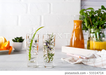Aloe vera and rosemary gin and tonic on white rustic table. Copy space. Dragon tail cocktail for 53314714
