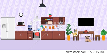 purple kitchen interior with a cat and a dog 53345481