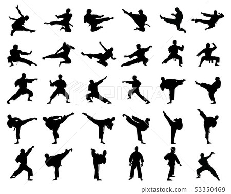 Black silhouettes of karate fighting  on a white b 53350469