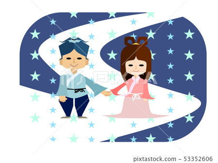Illustration of Tanabata where Orihime and Hikoboshi are holding hands in the Milky Way Illustration of Tanabata where Orihime and Hikoboshi are holding hands in the Milky Way 53352606
