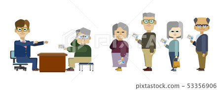 Illustration of a scene where elderly drivers are returning their licenses to government officials in order Illustration of a scene where elderly drivers are returning their licenses to government officials in order 53356906