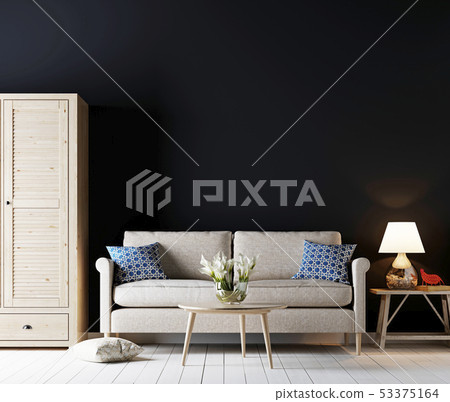 living room interior with sofa and cupboard, table 53375164