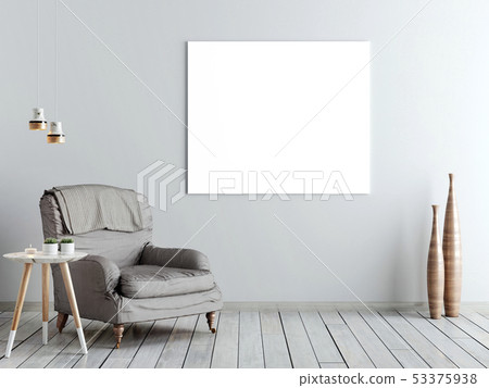 Blank poster, armchair in living room 53375938