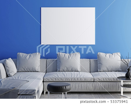 Poster with modern sofa, minimalism blue interior 53375941