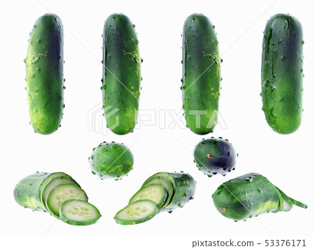 Set of fresh green cucumbers with sliced slices on 53376171