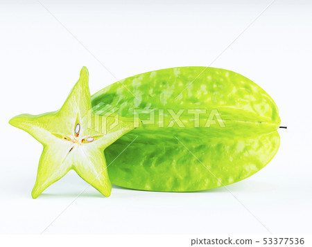 Green fruit of a carambola or starfruit 53377536