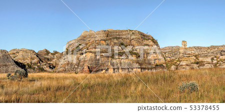 Panorama shot - rocky terrain at Isalo national park Madagscar, rock formation known as Lady Queen Panorama shot - rocky terrain at Isalo national park Madagscar, rock formation known as Lady Queen 53378455
