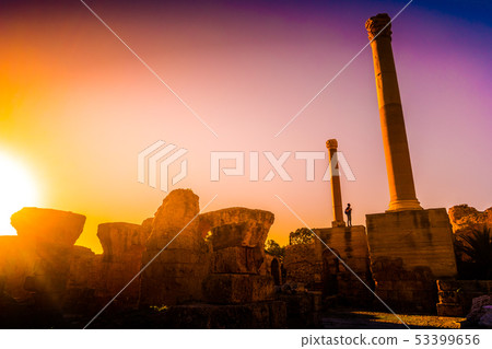 Colorful sunset in Carthage. Baths of Antonius in 53399656