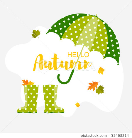 Autumn background.Umbrella, leaf and rain boots Autumn background.Umbrella, leaf and rain boots 53468214