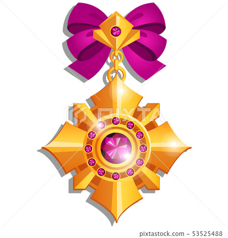 Beautiful medal made of precious stones set in gold with pink ribbon bow isolated on white Beautiful medal made of precious stones set in gold with pink ribbon bow isolated on white 53525488