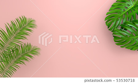 Realistic palm leaves on Coral Living background for cosmetic ad or fashion illustration. Tropical Realistic palm leaves on Coral Living background for cosmetic ad or fashion illustration. Tropical 53530718
